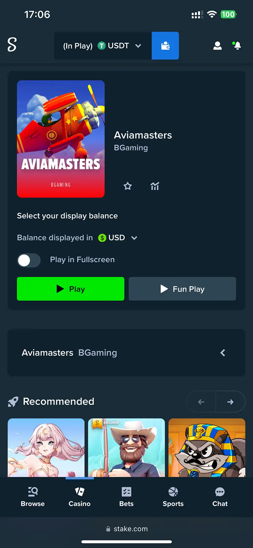 Aviamasters-Spielbildschirm auf der Stake-Plattform mit den Schaltflächen „Spielen“ und „Demo“.