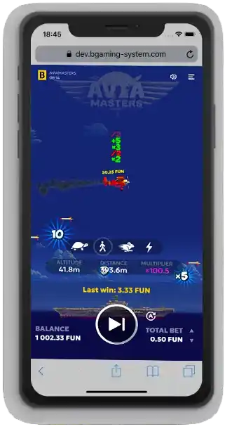 Spielszene in Aviamasters auf einem Smartphone, mit aktivem Multiplikator x100.5