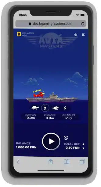 Pantalla de preparación de Aviamasters en un smartphone con opciones de apuesta.