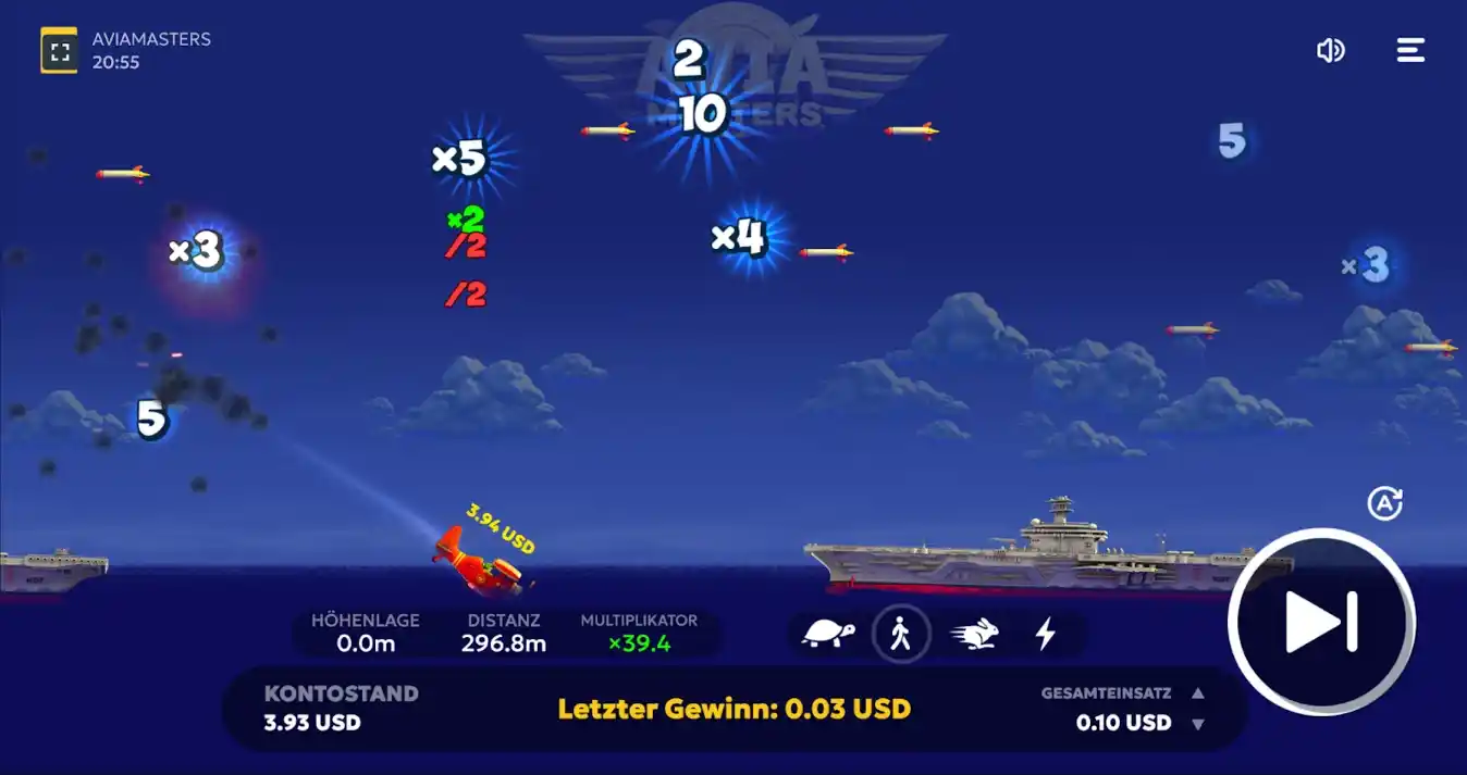 Flugzeug sammelt Punkte und Multiplikatoren in Spielszene.