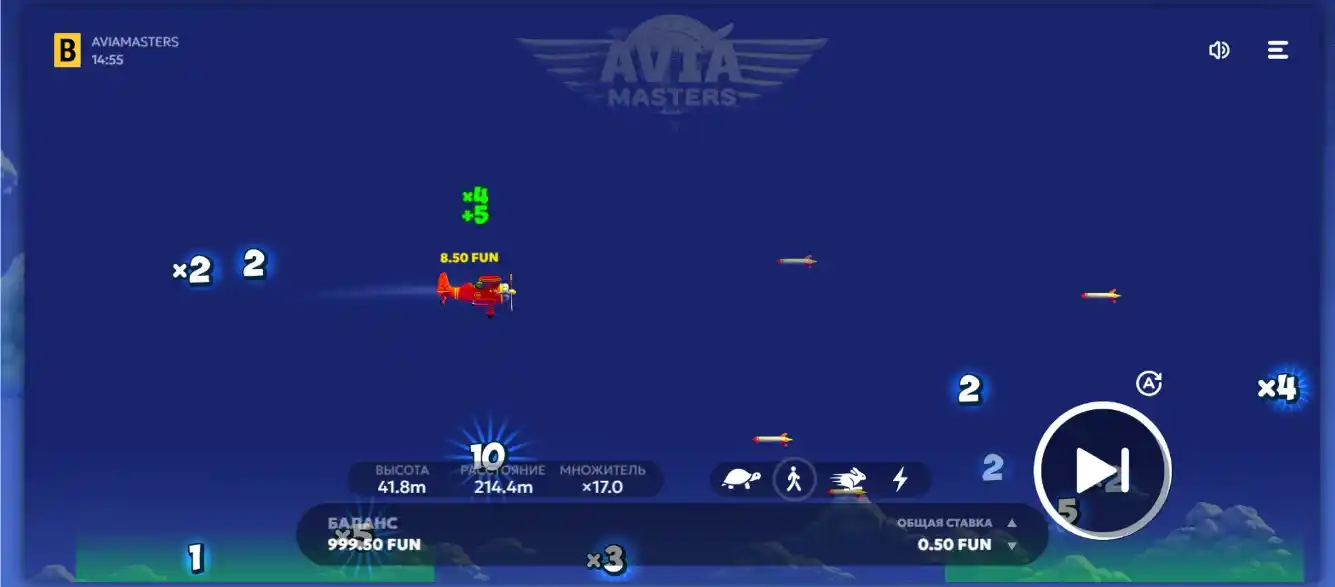 Flugzeug im Spiel sammelt Punkte und weicht Raketen aus.