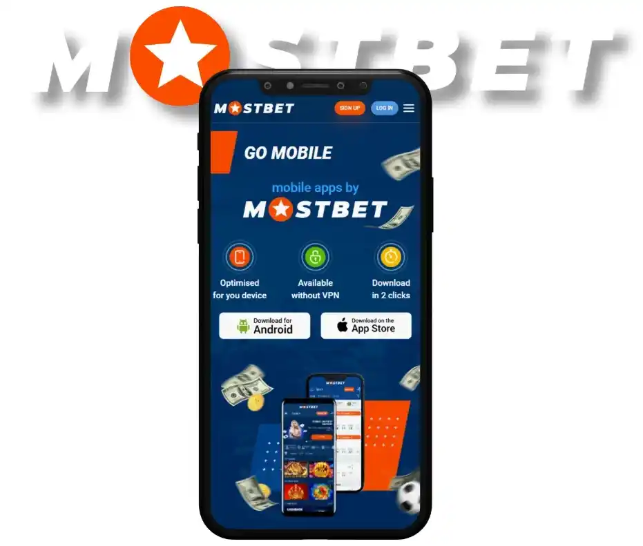 Mobile app interface on phone screen with download options for Android and iOS.