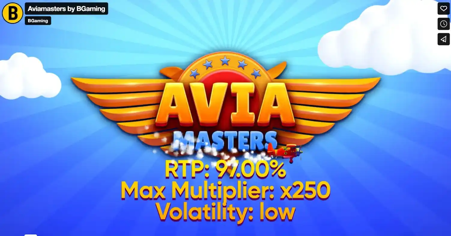 Aviamasters logó, RTP, maximális szorzó és alacsony volatilitás.