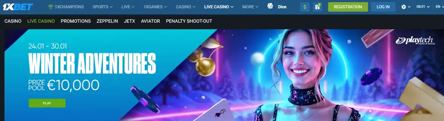 Az 1xbet kezdőlapja, melyen téli promóciók és élő játékok láthatók.